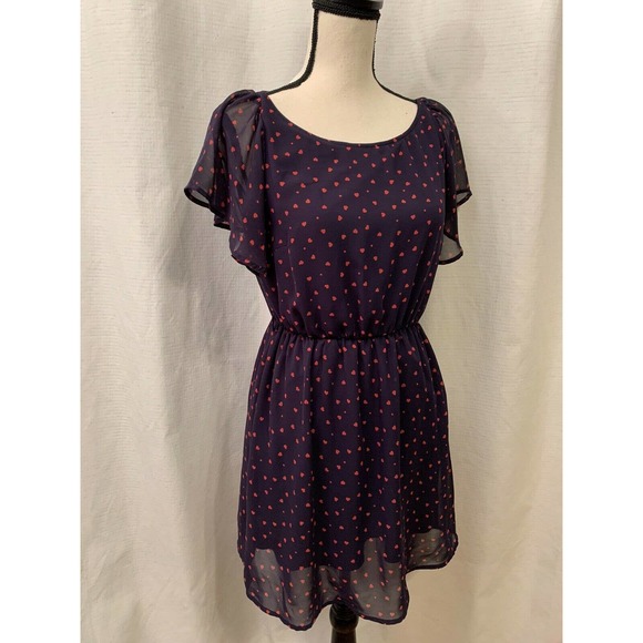 Forever 21 Navy Blue Red Heart Print Dress Blouson Short Sleeve Knee Length S - Picture 3 of 7